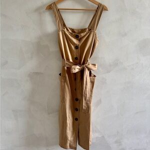 Moon River - Tan Sleeveless Square Neck Sundress with Waist Tie - Size SM